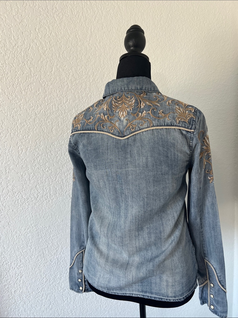 Miss Me Light Wash Denim Button-Down Shirt with Gold Embroidery